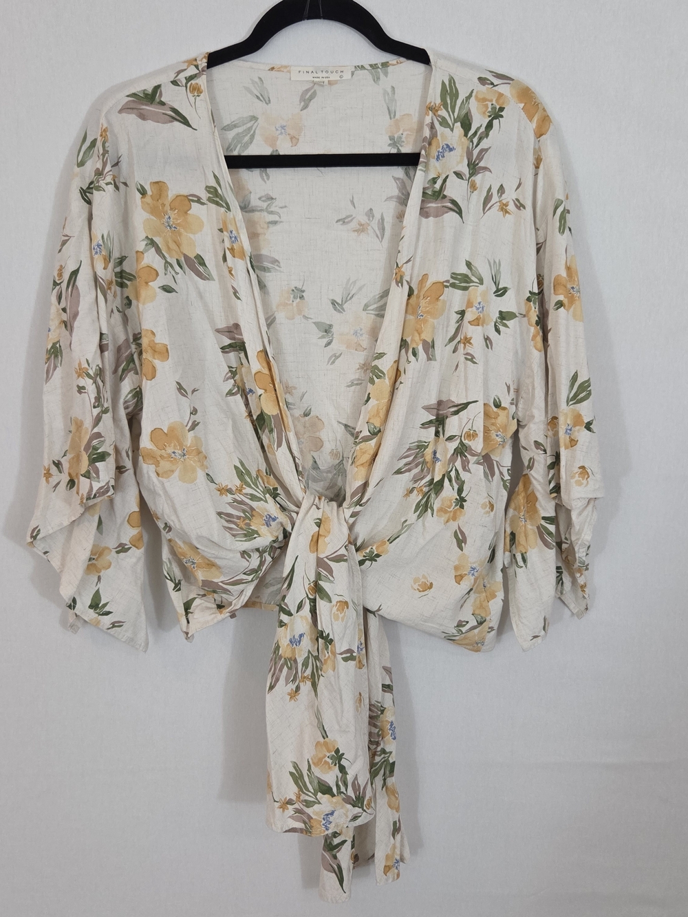 Final Touch Cream Floral Tie-Front Blouse with Yellow Blooms
